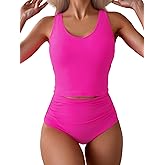 Eomenie Two Piece Tankini Swimsuits for Women Tummy Control Bathing Suits Cutout Back Swim Tank Top with High Waisted Bottom