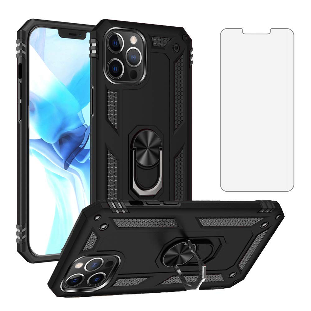 Asuwish Compatible with iPhone 12 Pro Max Case 6.7 and Tempered Glass Screen Protector Magnetic Stand Ring Holder Hard Shockproof Accessories Phone Case for iPhone12promax iPhone12 12pro Promax Black — image 1