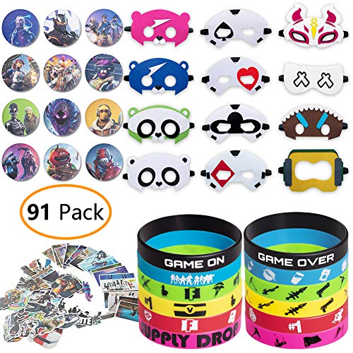 DMIGHT Birthday Party Supplies for Game Fans, 91 pcs Gaming Theme Party Toy Set - Include 12 Pcs Masks, 12 Pcs Silicone Bracelets, 12 Pcs Button Pins, 55 Pcs Stickers