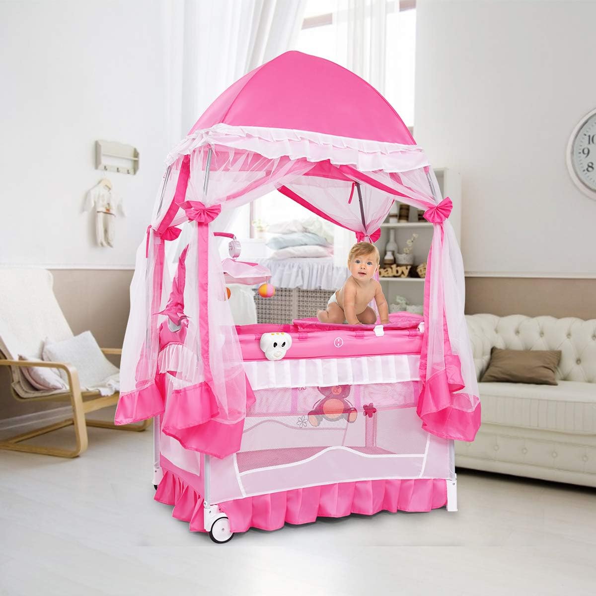Table A Langer Roues Avec Frein Goplus Lit Parapluie Bebe Avec Moustiquaire Legere Boite A Musique Rose Sac Sur Cote Jouets Fonction 3 En 1 Pour Bebe 0 A 36 Mois Lits