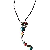 Fuvirou Vintage Bohemian Colorful Ceramic Bead Antique Flower Y Necklace for Women Vintage Boho Hippie Necklace Statement Jewelry Gift