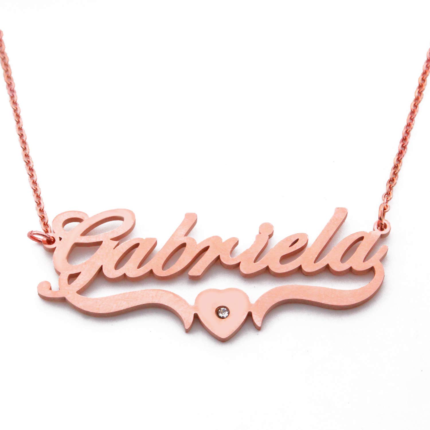 Kigu Gabriela Name Necklace Heart Shaped Personalised Rose Gold Plated, Custom Dainty Name Pendants, Jewellery for Ladies, Girlfriend, Mother, Sister, Friends Inc Bag & Box