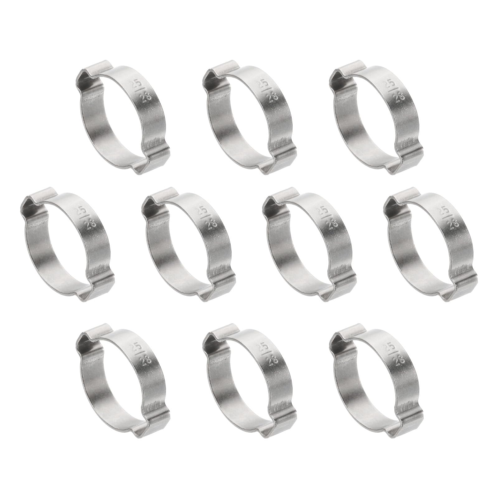 PATIKIL 10 Pack 25-28mm Double Ear Hose Clamp, 304 Stainless Steel O Clip Crimp Rings for Fuel Petrol Pipe Tube Fitting Connections, Silver Tone