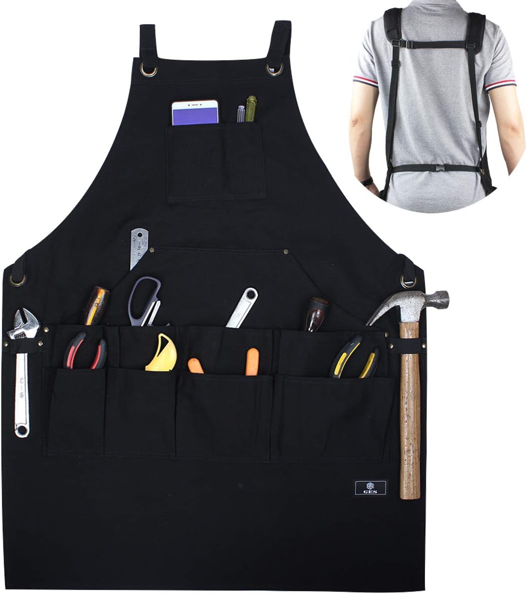 Work Apron With Tool Pockets, Upgraded Heavy Duty Canvas Tool Apron Workshop Apron With Quick Release Buckle Adjustable M To XXL (Black)
