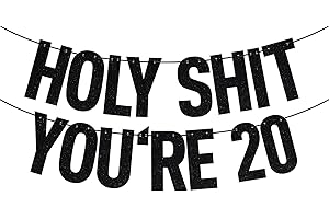 PYBHILK Black Glitter Holy Shit You're 20 Banner, Happy 20th Birthday/Cheers to 20 Years, 20th Birthday Party Decorations Supplies