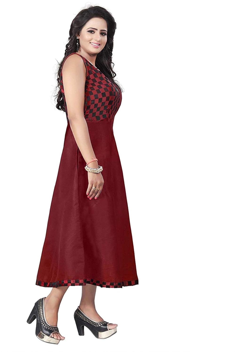tisha fashion women's satin semi-stitched gown dress (maroon, free size)