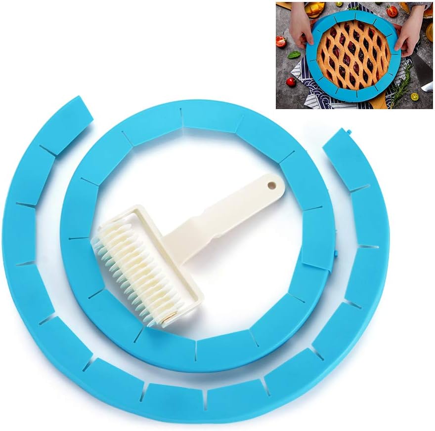 AOMGD 2pcs Adjustable Pie Crust Protector Shield + 1pcs Lattice Pie Cutter Roller, FDA Food Safe Silicone Pizza/Pastry Tools and Accessories,Fits 8" - 10.5" Rimmed Dish