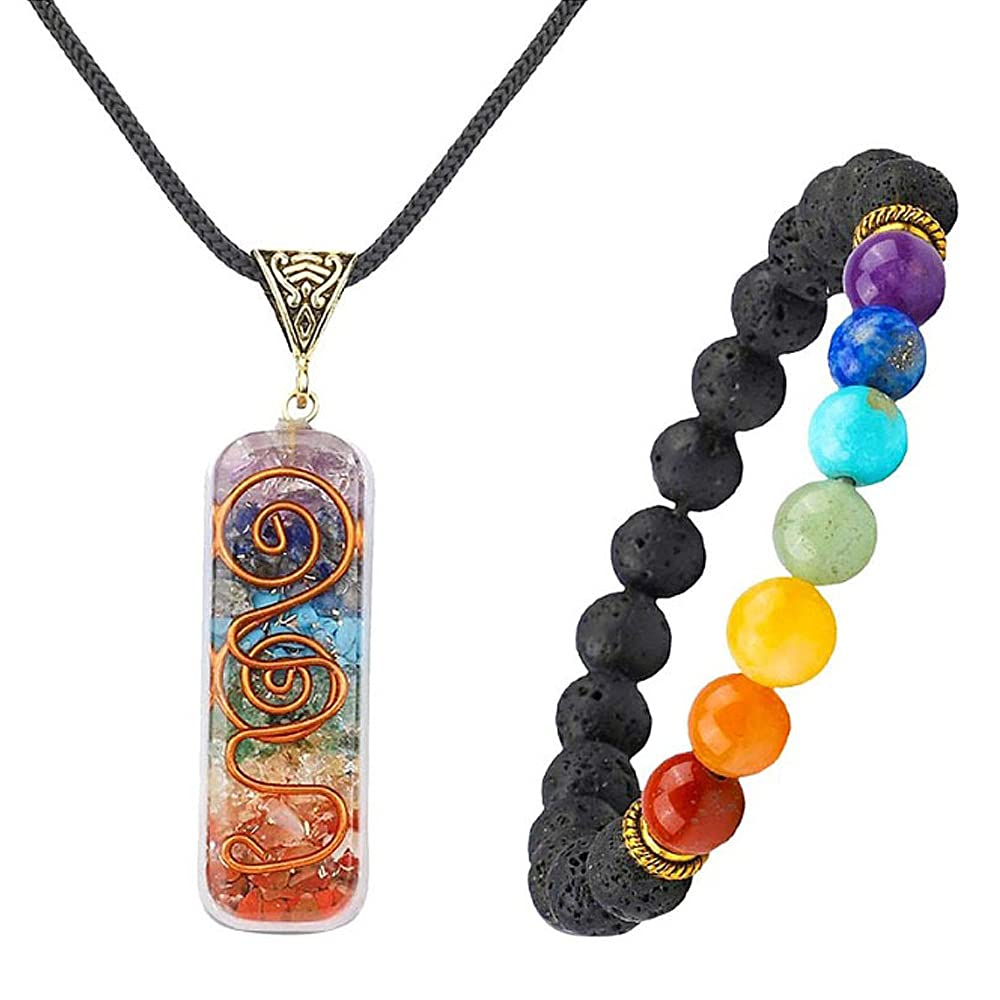 TOFBS Chakra Crystal Pendant Necklace ＆ Bracelet Jewelry Set for Women Men, Reiki Healing Natural Stone Necklace Bracelet for Healing Protection Positive Energy Yoga Meditation Balancing