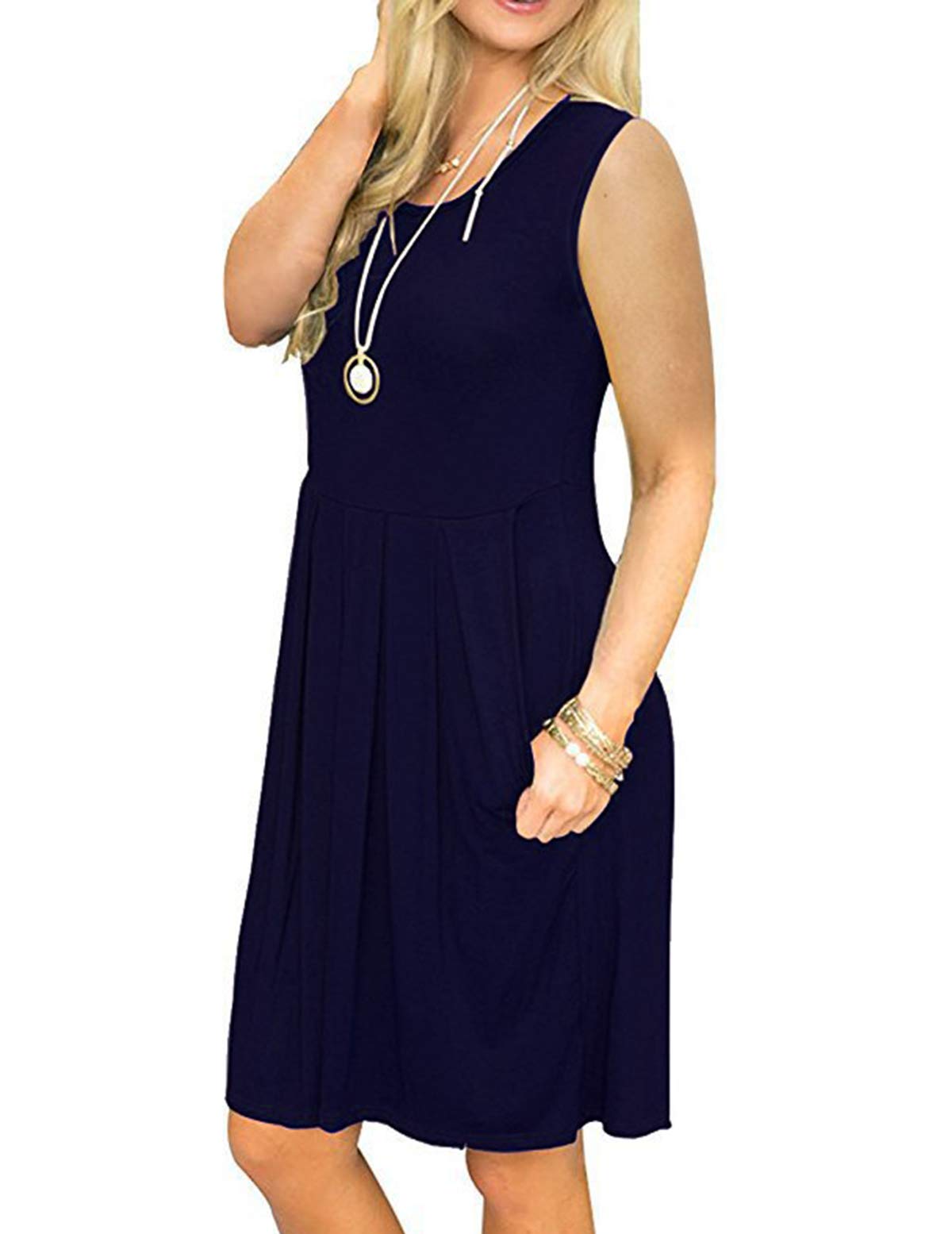 HUALAIMEI Modest Dresses for Women, Ladies Scoop Neck Sleeveless Casual Midi Dress Knee Length Summer Tanks Long Tunic with Pockets Navy Blue L