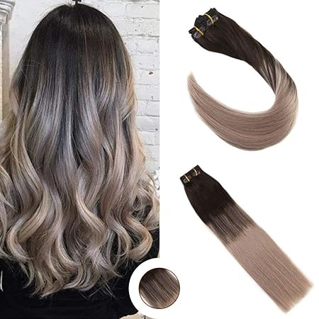 Ugeat 20'/50cm Voller Kopf Hair Extensions Clip in Echthaar #2/18 Braun mit Blond Ombre Clip in Locken Echthaar Extensions 14