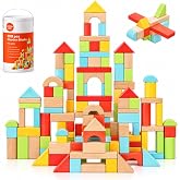 100 Pcs Building Blocks for Toddlers 1-3, Kids Wooden Blocks &amp; Shape Sorter | Bucket for Easy Storage - Montessori Toys for 1 2 3 Year Old, Learning Toys for Preschool Girls and Boys