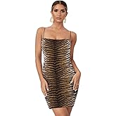 ITODA Leopard Print Bodycon Club Dress Women's Sexy Mini Spaghetti Strap Short Dress