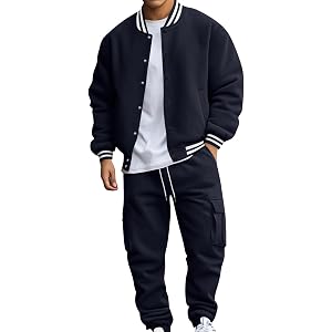 Vividcrate Varsity Jacket Men Tracksuit 2 Piece Outfit Striped Rib Collar Baseball Jacket Set