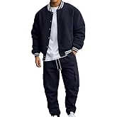 Vividcrate Varsity Jacket Men Tracksuit 2 Piece Outfit Striped Rib Collar Baseball Jacket Set