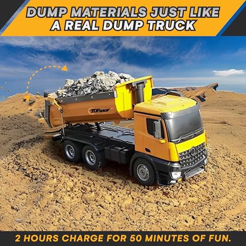 Top Race Remote Control Dump Truck Toy - 1:14 Scale Heavy-Duty Construction Vehicle with 7 lb Load Capacity, Strong Engines and Rubber Tires - RC Dump Truck for Kids - Realistic Construction Fun