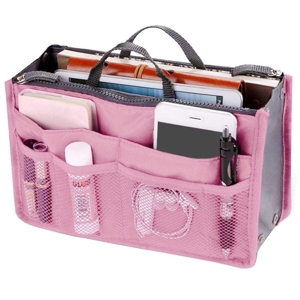 Ladies Travel Organiser Purse Handbag, Organizer Handbag, Ladies Tidy Travel Insert Handbag Expandable Liner Bag, Purse Liner Cosmetic 13 Pocket (Pink)