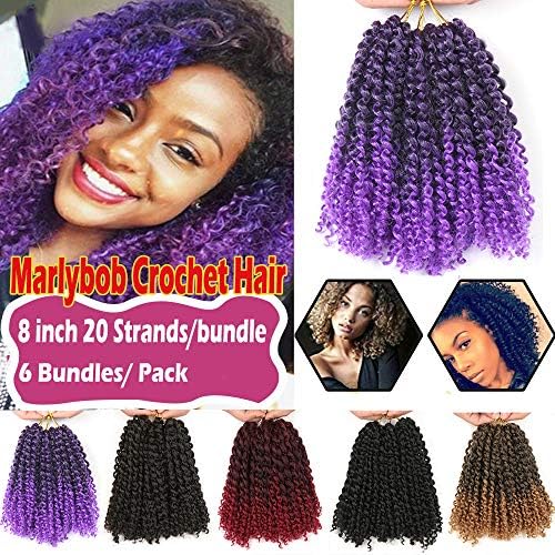 8 Inch Short Marlybob Crochet Hair 6 Bundles/Lot Kinky Curly Crochet Braids Ombre Braiding Hair Synthetic Hair Extension (1B/Purple)