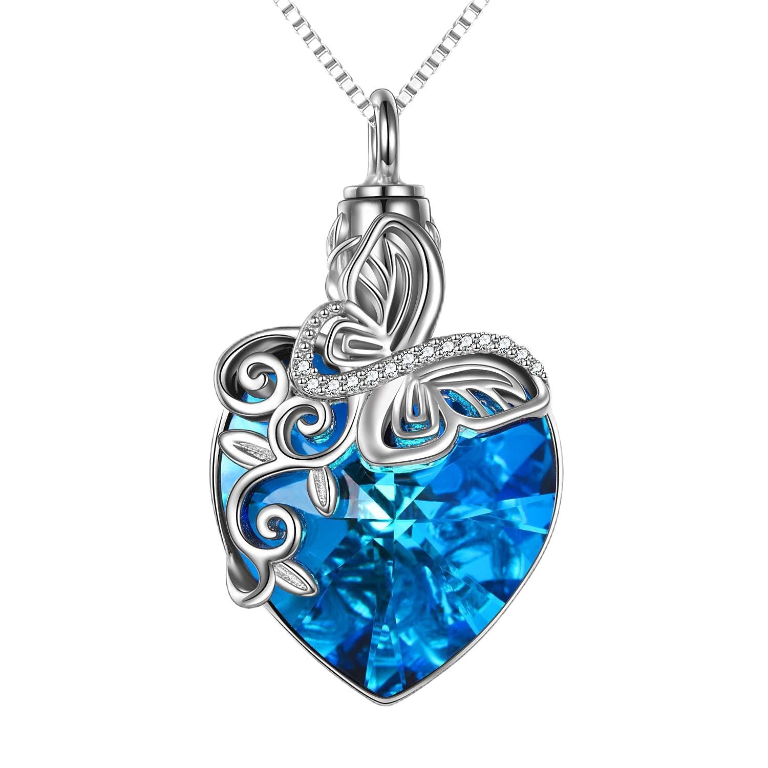 TOUPOP Sterling Silver Butterfly Pendant Memorial Necklace - Urn Necklace for Ashes with Blue Crystal - Cremation Urns Ashes Jewellery Gifts for Women, Dad, Mum