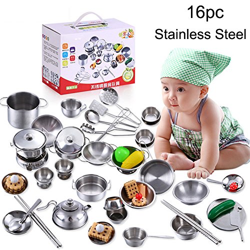 USHOT 16 Pcs Set Kids Play House Kitchen Toys Cookware Cooking Utensils Pots Pans Gift Silver One Size - Thumbnail 4