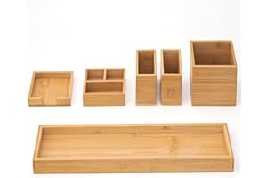 ROCDEER Bamboo Vanity Tray, 6-Piece Bathroom Countertop Vanity Tray Set, Makeup Kitchen Desk Organizer and Storage - Holds Small Items