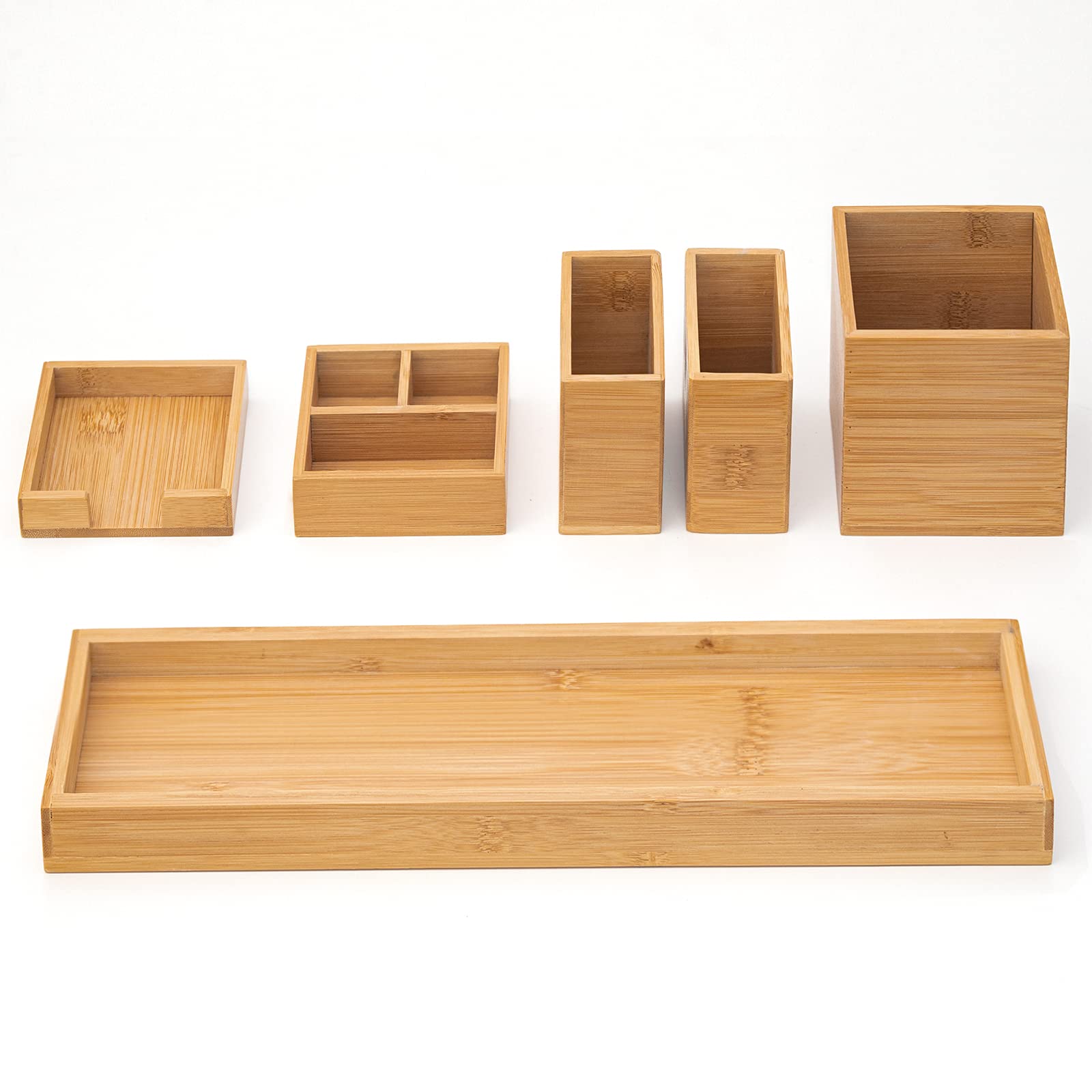 Photo 1 of ROCDEER Bamboo Vanity Tray, 6-Piece Bathroom Countertop Vanity Tray Set, Makeup Kitchen Desk Organizer and Storage - Holds Small Items