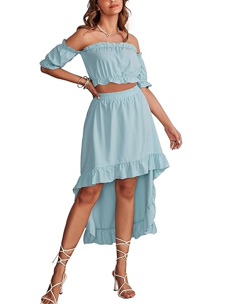 LYANER WOMEN’S TWO PIECES OUTFITS OFF SHOULDER CROP TOP AND HIGH LOW SKIRT SETS LIGHT BLUE# X-LARGE