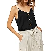 Womens Cotton Linen Tank Tops Causal V Neck Sleeveless Button Down Tops Summer Loose Fit Spaghetti Strap Cami Shirts