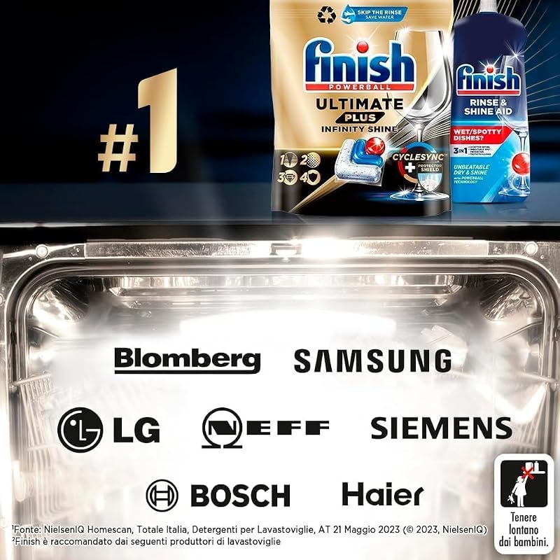 Finish Ultimate Infinity Shine Pastiglie Lavastoviglie, 80 Capsule Lavastoviglie al Limone, Pastiglie per Lavastoviglie contro lo Sporco e i Residui Incrostati