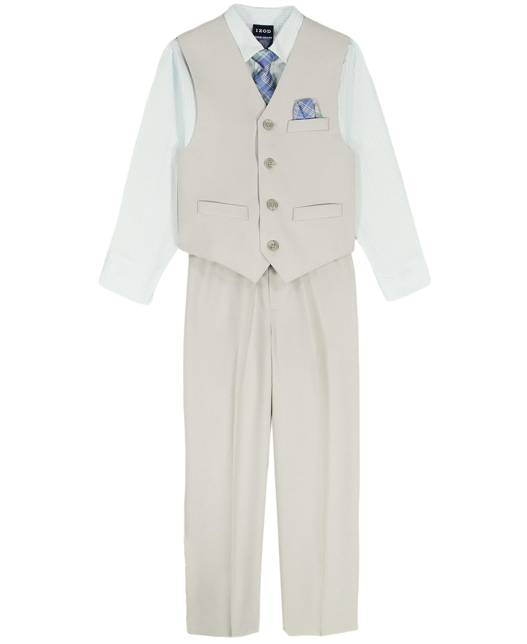 Photo 1 of Izod Boys' 4-Piece Formal Dress Up Suit Set, Vest, Pants, Collared Shirt, and Tie, Light Grey, 4
