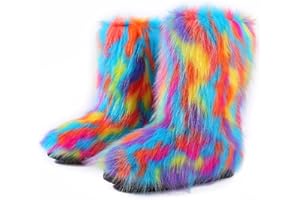 ZOSCGJMY Faux Fur Boots for Women Fuzzy Fluffy Furry Round Toe Suede Winter Snow Boots Flat Shoes