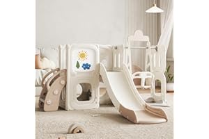 DEER COCO Toddler Slide with Swing, Climber Stairs, Painting Board, Tunnel and Storage Space 6-in-1, Kids Slide for Toddlers 1-3, Indoor Playground Set, Outdoor Playset Freestanding Slides for Kids Baby Slide