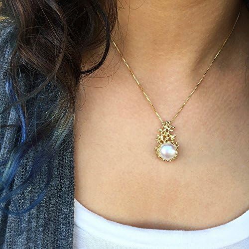 Handmade 18k Yellow Gold Plated Sterling Silver, Large 12mm Freshwater Cultured White Pearl, Coral Pendant Necklace, 18" Length