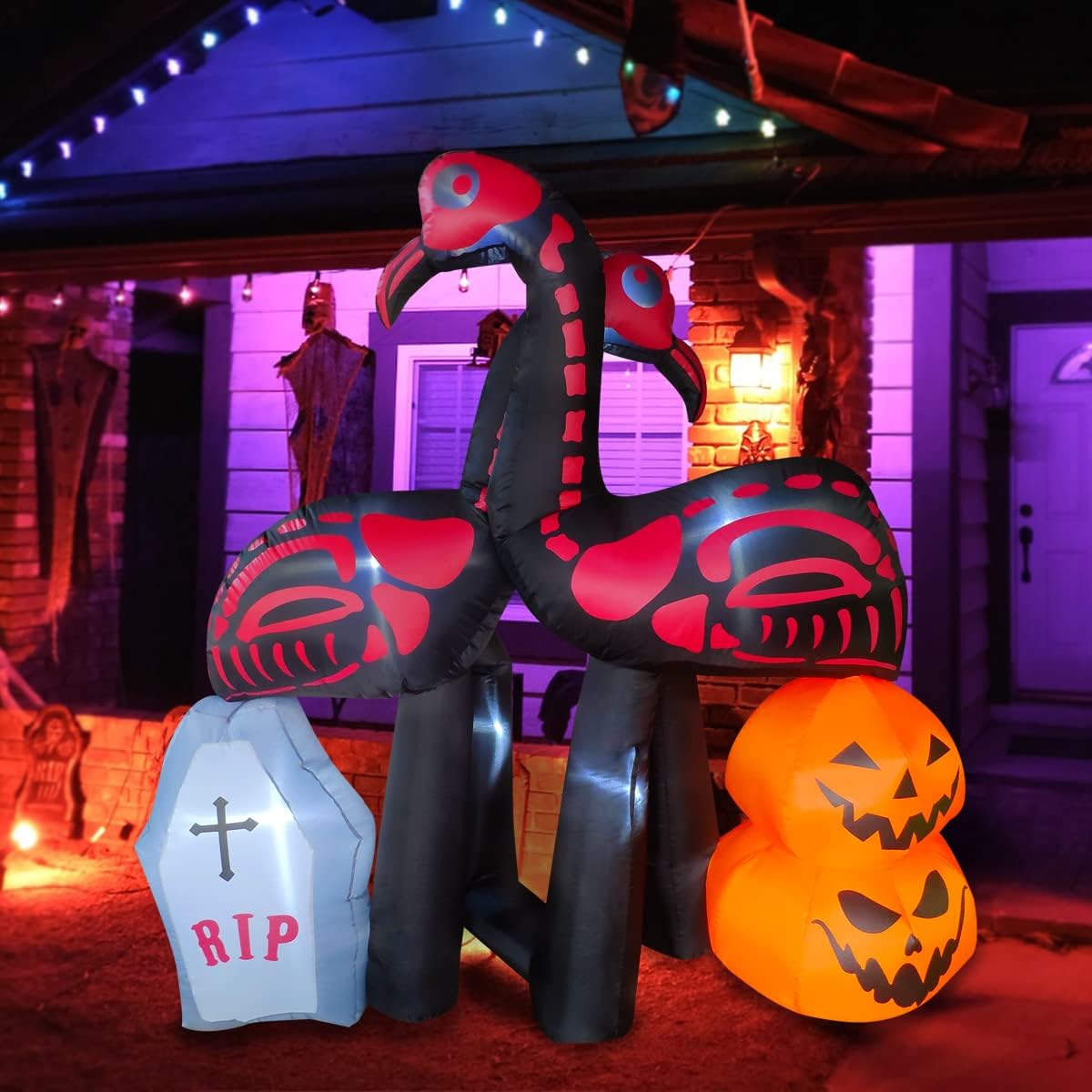 Outdoor Holiday Decorations - BLOWOUT FUN 5ft Halloween Inflatable Skeleton Flamingo Tombstone Decoration, LED Blow Up Lighted Decor Indoor Outdoor Holiday Art Decor Decorations
