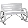 Outsunny 41" Wooden Wagon Wheel Bench, Rustic Outdoor Patio Weather Resistance Furniture, 2-Person Slatted Seat Bench with Backrest, Light Gray
