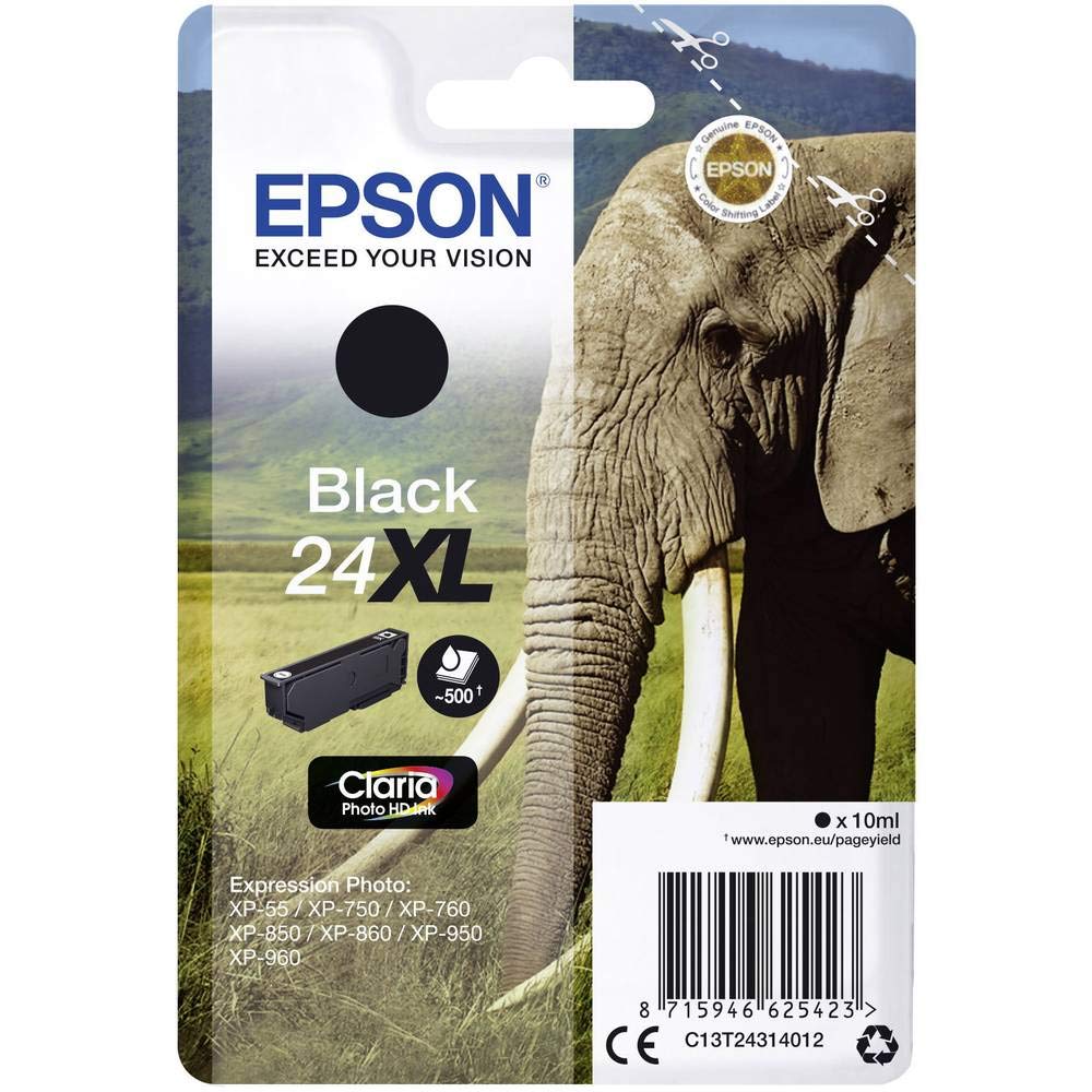 Epson 24XL Black Elephant High Yield Genuine, Claria Photo HD Ink Cartridge, XL High Capacity