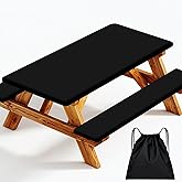 Picnic Table Cover with Bench Covers Elastic Edges, Black Fitted Table Cover, Outdoor Patio Camping Essentials 72 Inch 3PCS, Waterproof Camping Fitted Tablecloth with Drawstring Bag