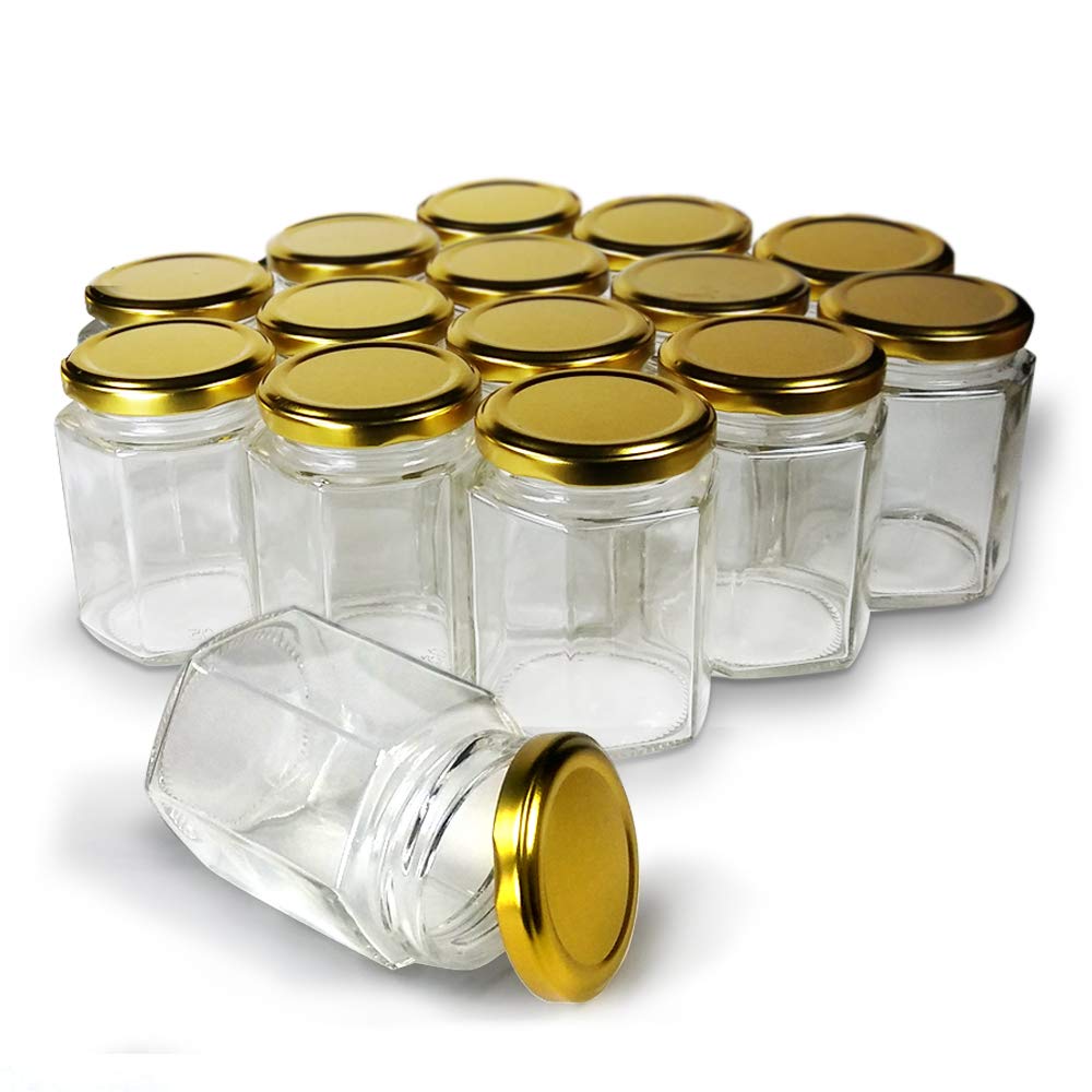 Hexagon Jars Gold Lid (15pcs, 6.0 oz) Hexagon Glass Jars with Gold Plastisol Lined Lids for Jam