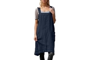 Women's Pinafore Apron with Pockets Plus Size Denim Blue Cotton Linen Apron Dress for Baking Cooking Gardening Work