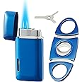 Bbsisgo Lighter and Cutter Set, Double Jet Flame Butane Torch Lighter with Adjustment Tools, Refillable Windproof Gas Lighter. Blue.(Sold Without Gas)