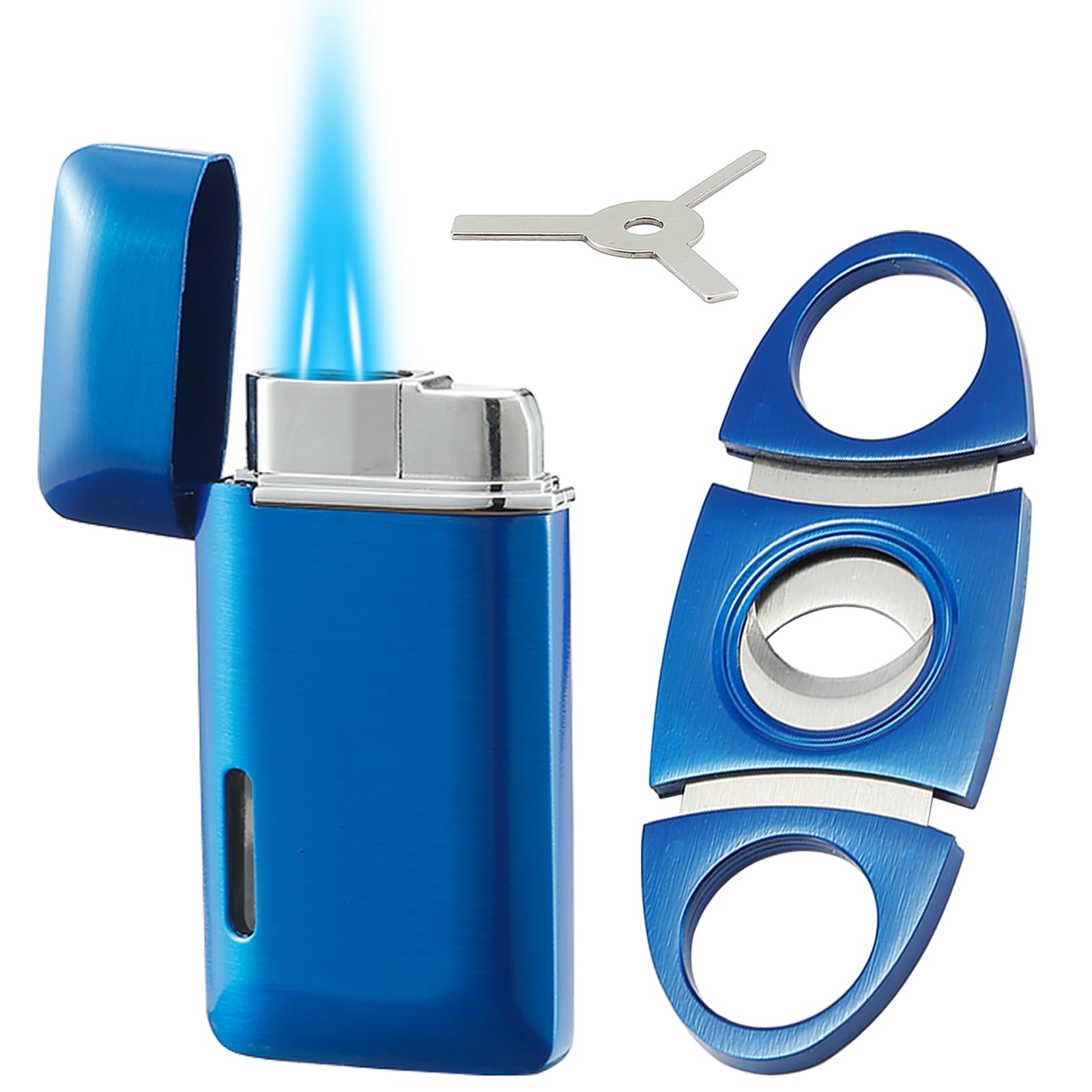 Photo 1 of Bbsisgo Lighter and Cutter Set, Double Jet Flame Butane Torch Lighter with Adjustment Tools, Refillable Windproof Gas Lighter. Blue.(Sold Without Gas)
