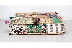 CRAFT KALA Indian Square Patchwork Traditional Pouf Cover Indian Living Room Poufs Decorative Embroidered Designer Ottoman Home Living Footstool Chair Cover Decor Pillow Cover 18x18x5 inches, Camel