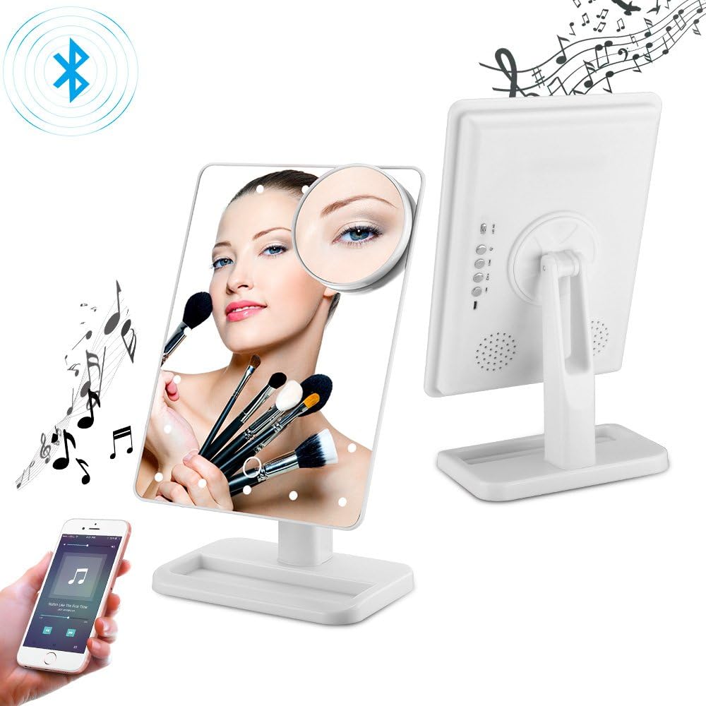 Led Bluetooth Make up Mirror with Lights and Magnifier,LUXACURY Vanity Mirror with Touch Screen and 10X Magnification, Wireless Bluetooth + Speakerphone & USB Charger,Bluetooth Led Mirror (White)