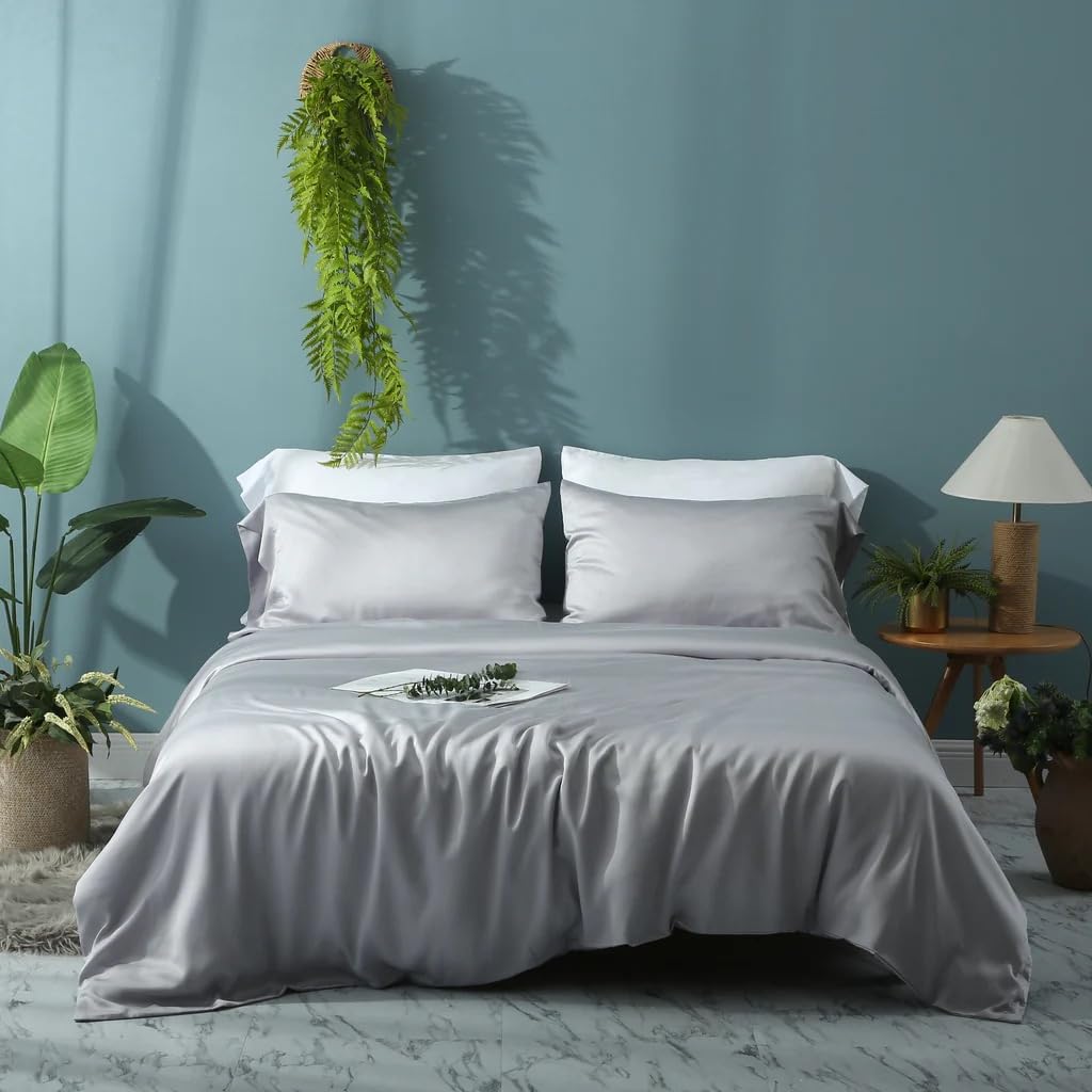 Waterlily 100% Eucalyptus Tencel Lyocell Bedding Set 4 pcs Duvet Cover Flat Sheet Pillowcases Double King Size Vegan Silk Organic Natural Softer than Bamboo Luxury Bed Linen (Silver, King)