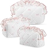 Kacctyen 3 Pcs Coquette Pink Bow Quilted Makeup Bag Set Cute Aesthetic Ruffles Cosmetics Bag Preppy Travel Makeup Pouch for Women Girl Toiletry Pencil Pouch Large Small Size