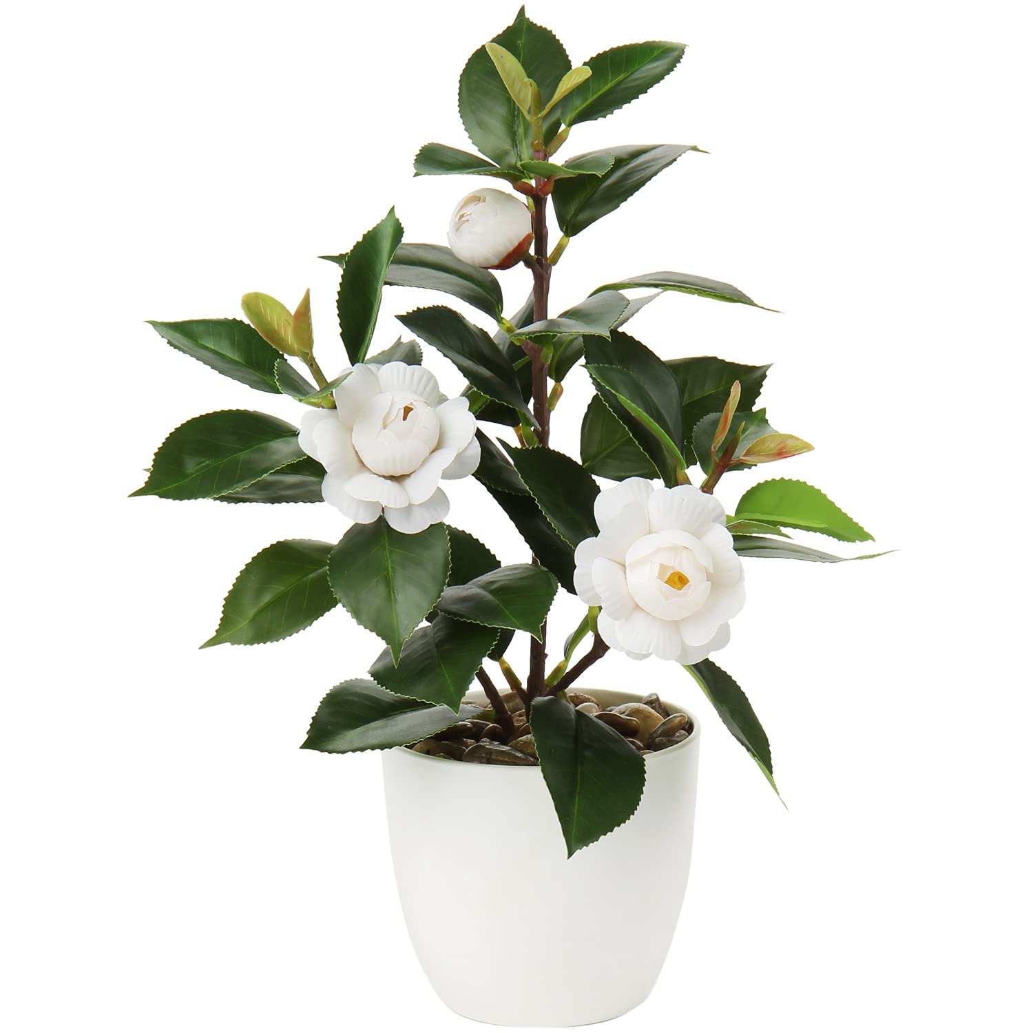 Oairse Artificial Plant Camellia 28cm Fake Plants in Pots Faux Camellia Plants Potted with White Fake Flower Small Bonsai Tree for Home Bedroom Office Desk Kitchen Decoration