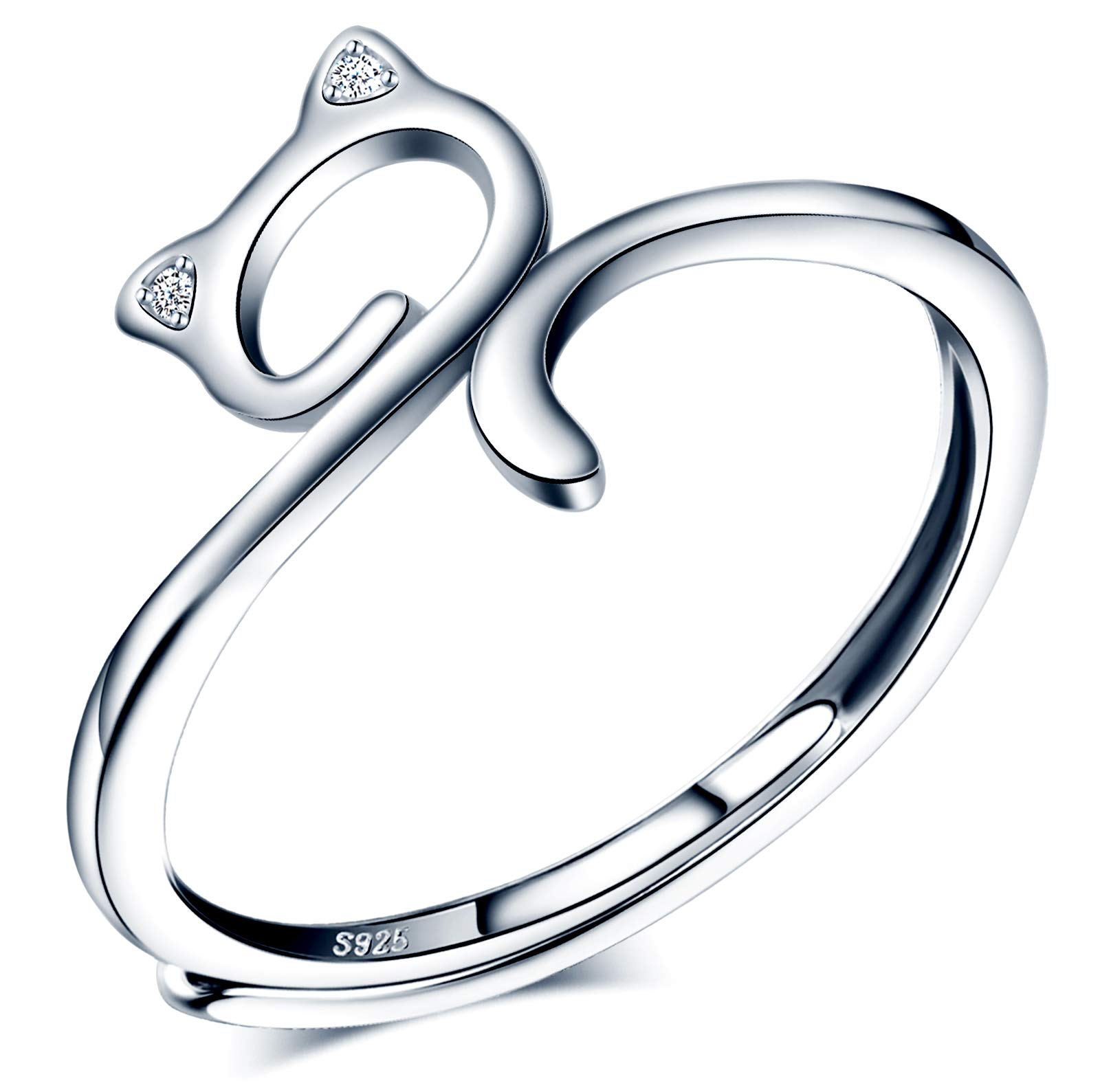 CPSLOVE Women's Girl's Ring, 925 Sterling Silver ring, hollow kitty ring, Inlaid zircon, Open ring, Adjustable ring size, Wedding Ring, Engagement Ring, Suitable Finger Circumference:48.5-57mm