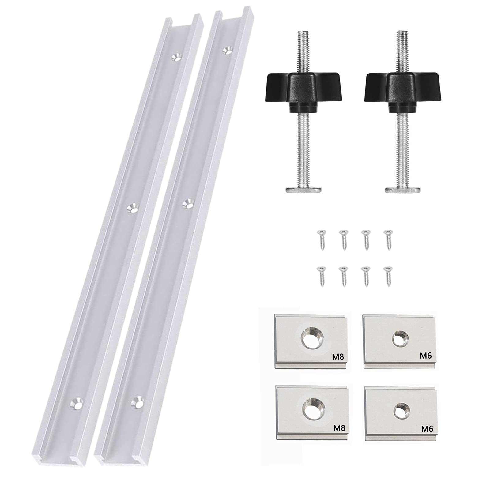 T-Track Clamps DIY Woodworking Tool Set, T-Slot Track with M8T Threaded Rod, Knob Nut, M6 M8 Slide Block and Self-Tapping Screw, for Woodworking Tool Slot Fastener