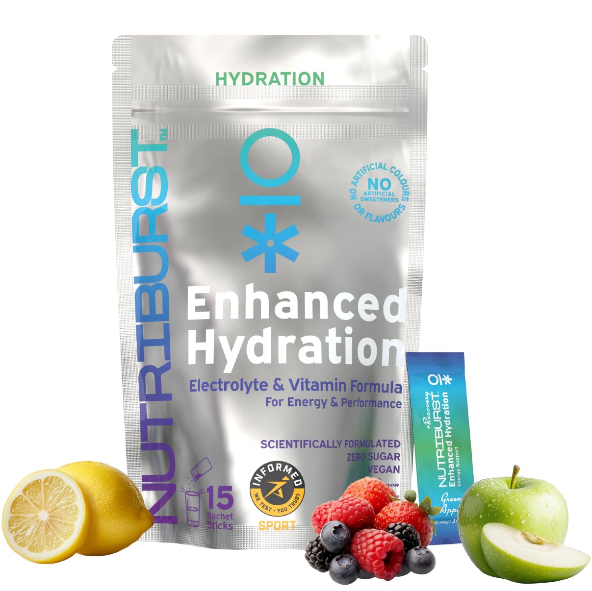 Nutriburst - Recovery Electrolytes + 11 Vitamins & Minerals • Support Energy Levels • Performance • Recovery - Suitable for Vegans - 15 Pack: Apple,Mixed Fruit, Lemon - Enhanced Hydration