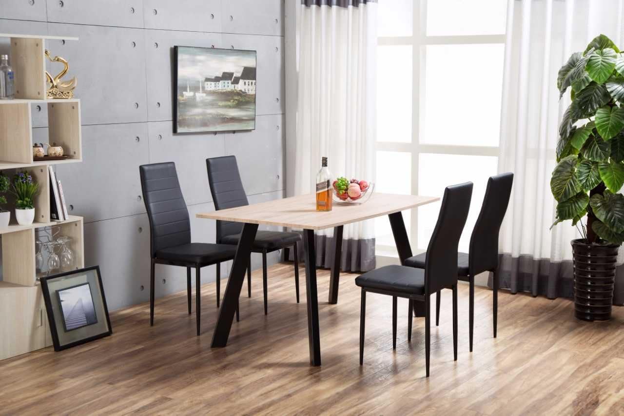 CHESTER Oak Wooden Wood Dining Table Set and 4 6 Black Faux Leather Chairs Seats (4 Chairs)