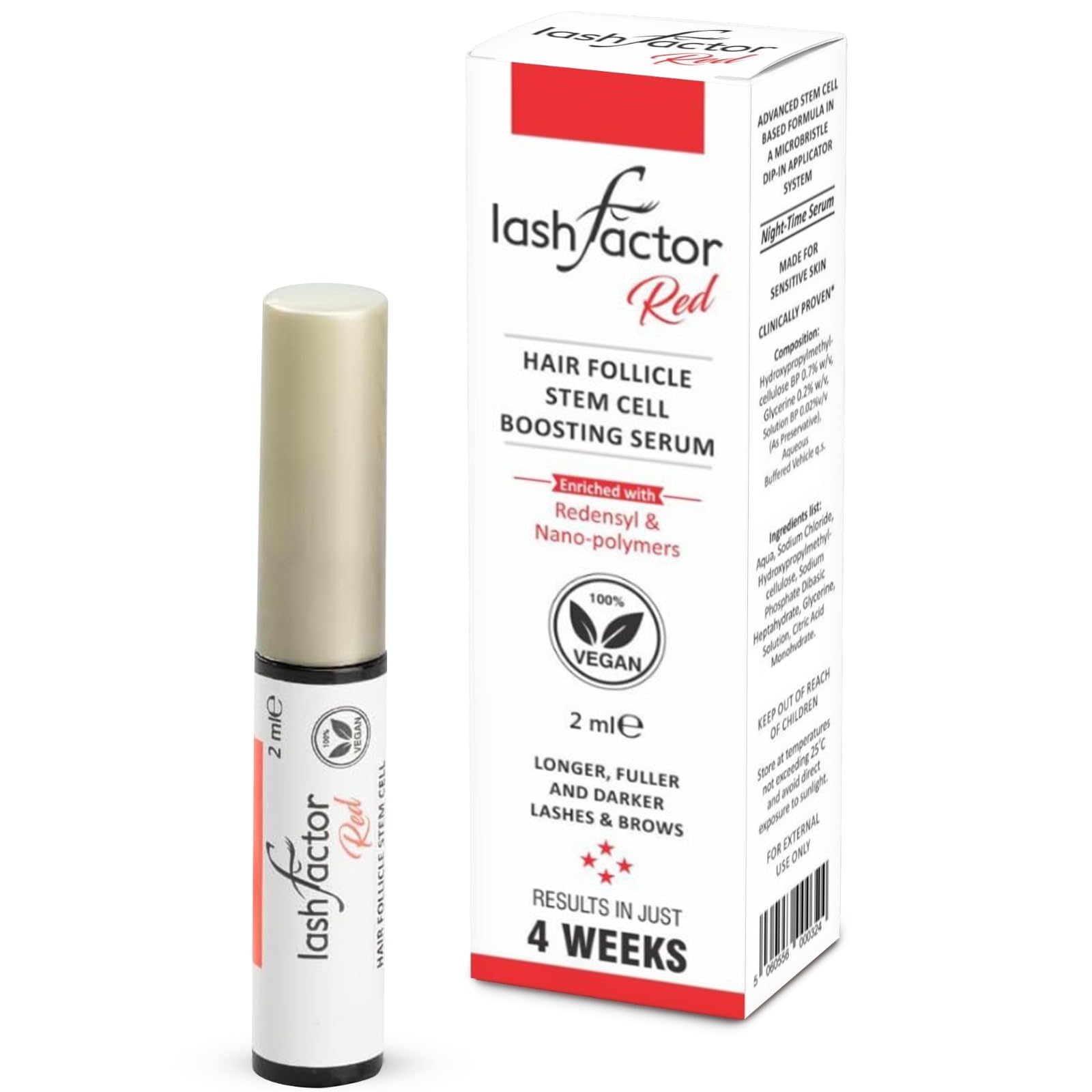 Lashfactor Red - Hair Follicle Stem Cell Enhanced Lash & Brow Growth Serum for Strong Dense Long Natural Eyelashes - Stem Cell enriched Eyelash Serum for Healthier Lashes & Brows - 100% Vegan, 2ml